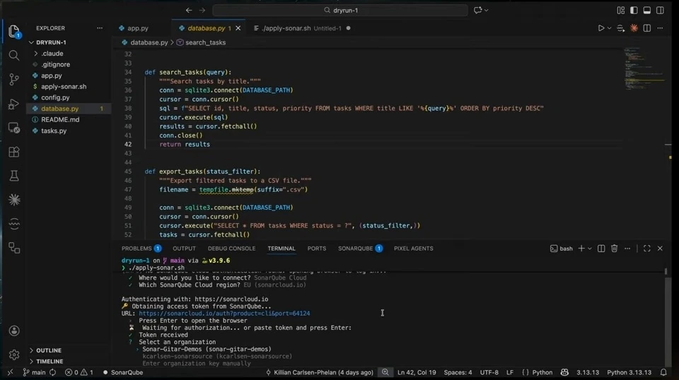 An editor terminal shows authorization completed and prompts for an organization.