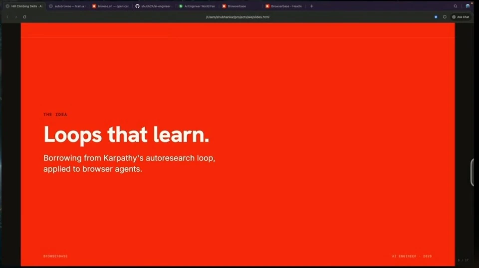 Red slide introducing autoresearch loops applied to browser agents.
