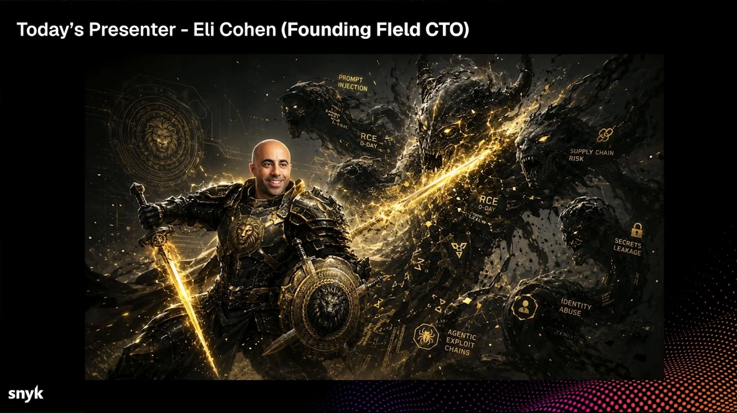 Presenter Eli Cohen is depicted as an armored warrior facing illustrated security threats.