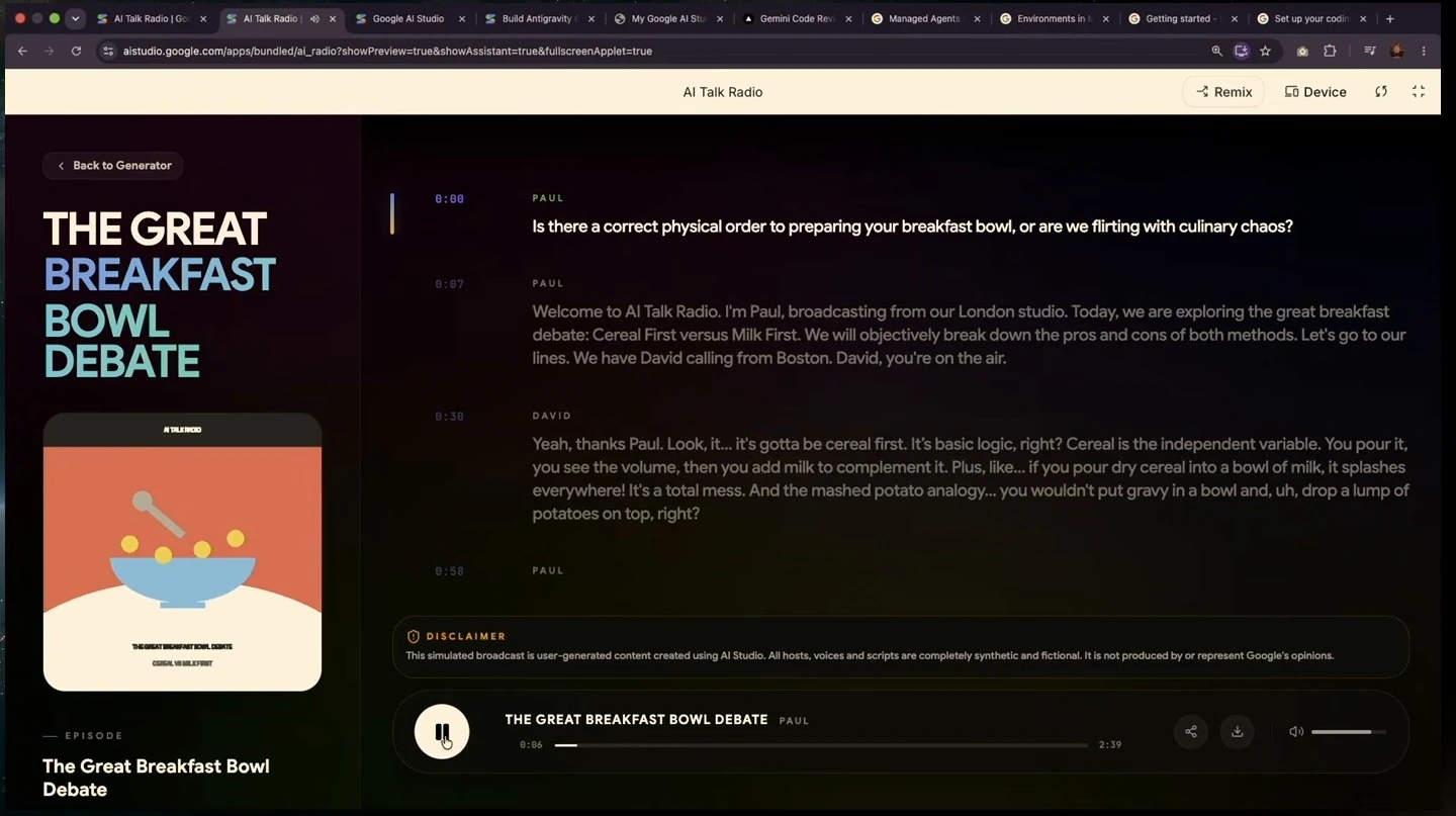 AI Talk Radio player displays a breakfast debate episode with its opening transcript and audio controls.