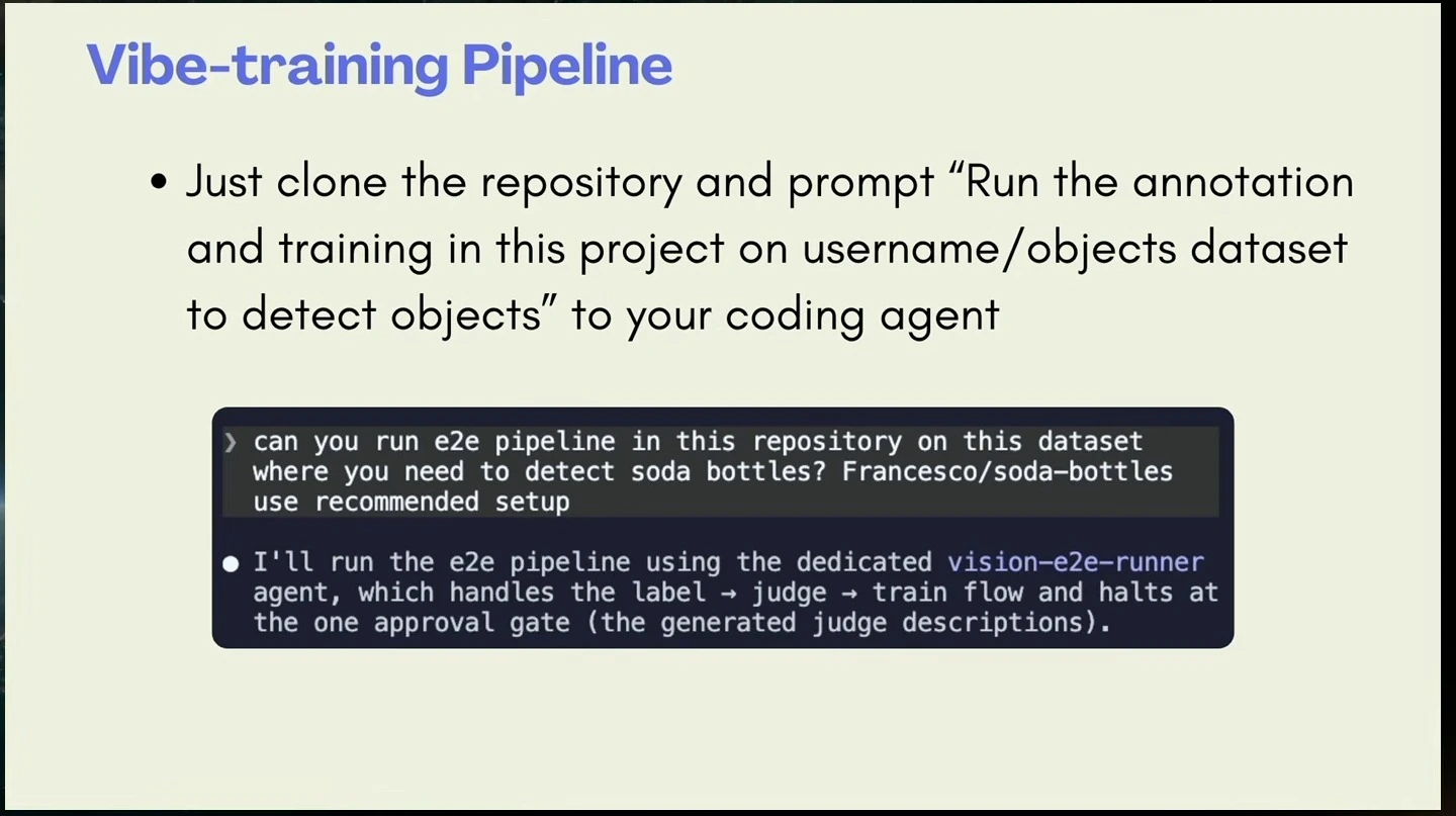 Slide explains prompting a coding agent to run annotation and training, with a sample exchange about detecting soda bottles.
