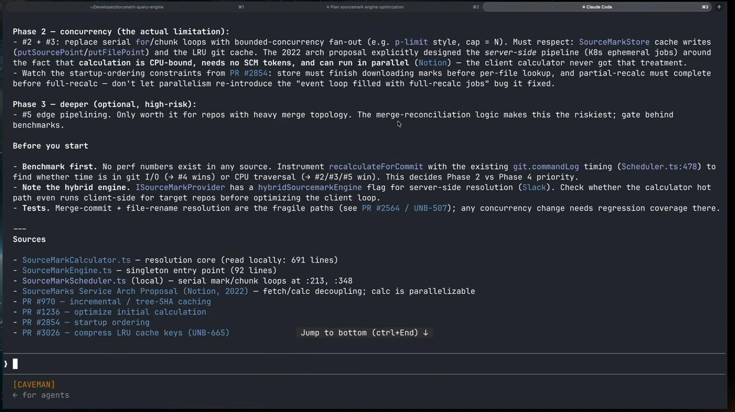 A terminal shows recommendations for bounded concurrency, benchmarking, and regression tests.
