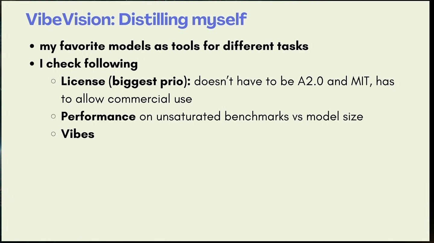 The speaker lists criteria for selecting models as tools: commercial-use licensing, benchmark performance relative to model size, and vibes.