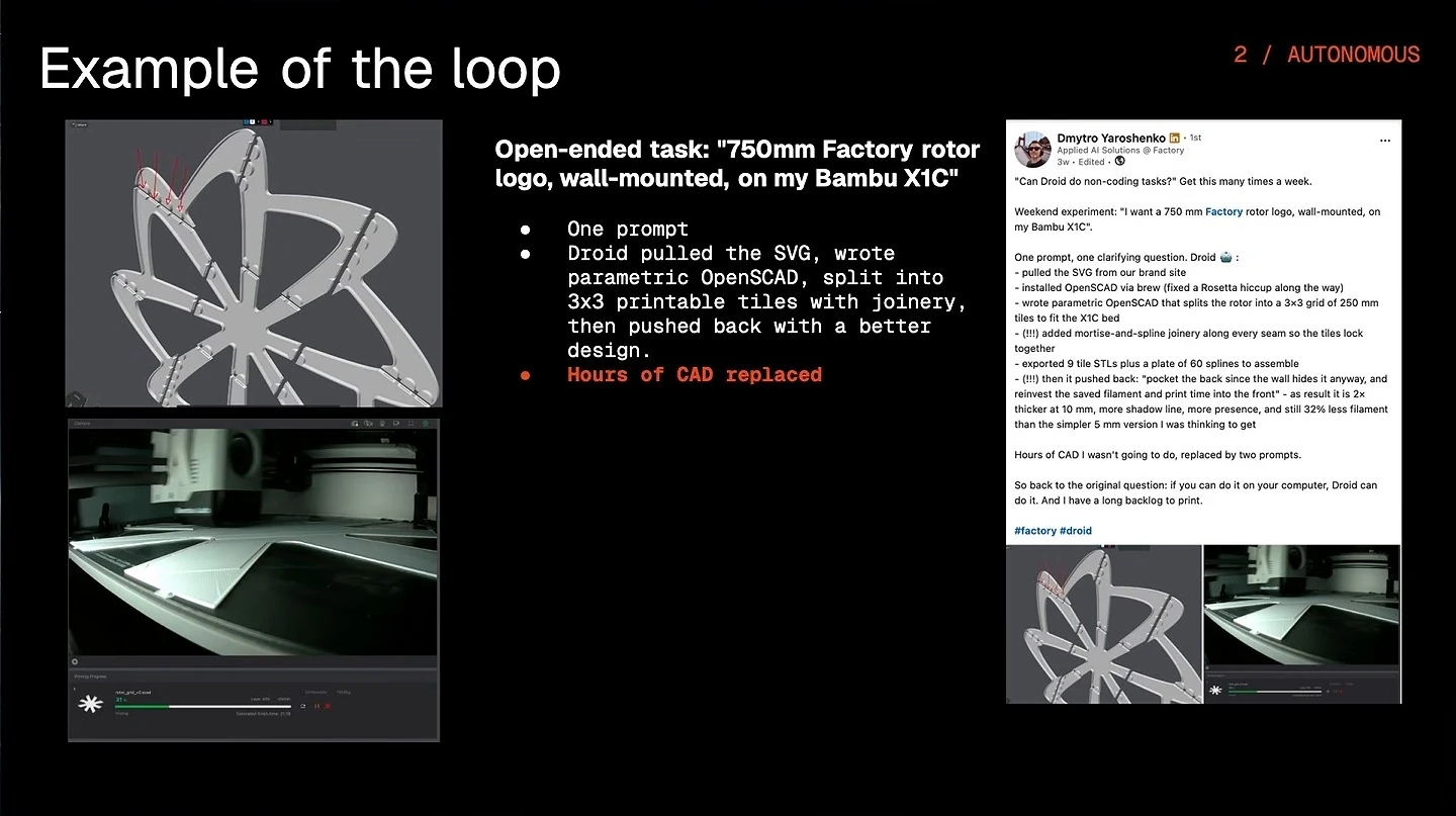 A rotor logo design and 3D printer illustrate an agent-assisted task that generated printable tiles and joinery.