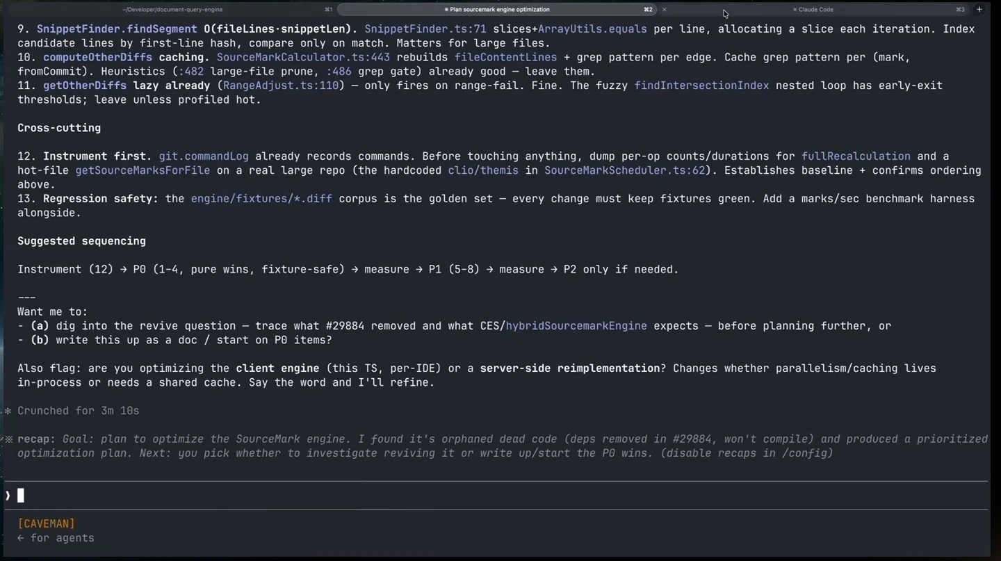 A coding assistant presents optimization recommendations, measurement steps, and open questions.