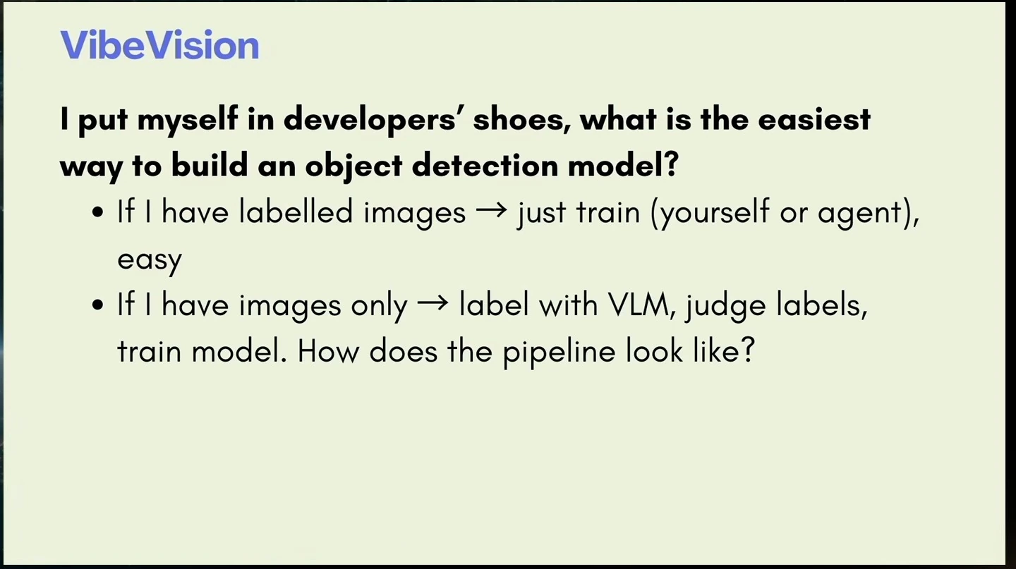 VibeVision slide contrasts training from labeled images with labeling and judging unlabeled images before training.