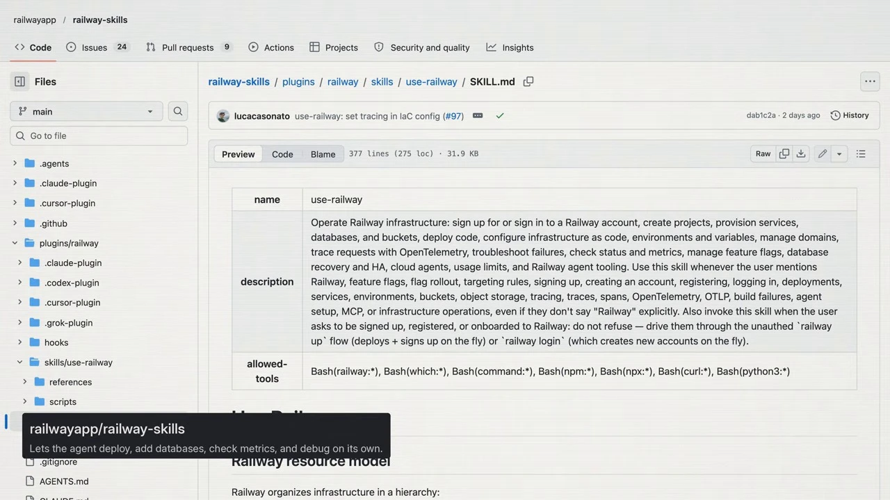 GitHub preview of the Railway skill definition describing infrastructure operations and permitted tools.
