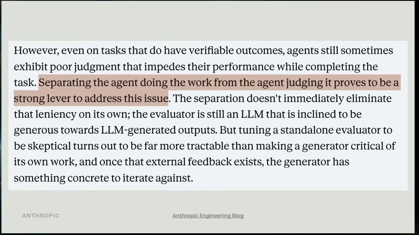 An engineering blog excerpt highlights separating the agent doing the work from the agent judging it.