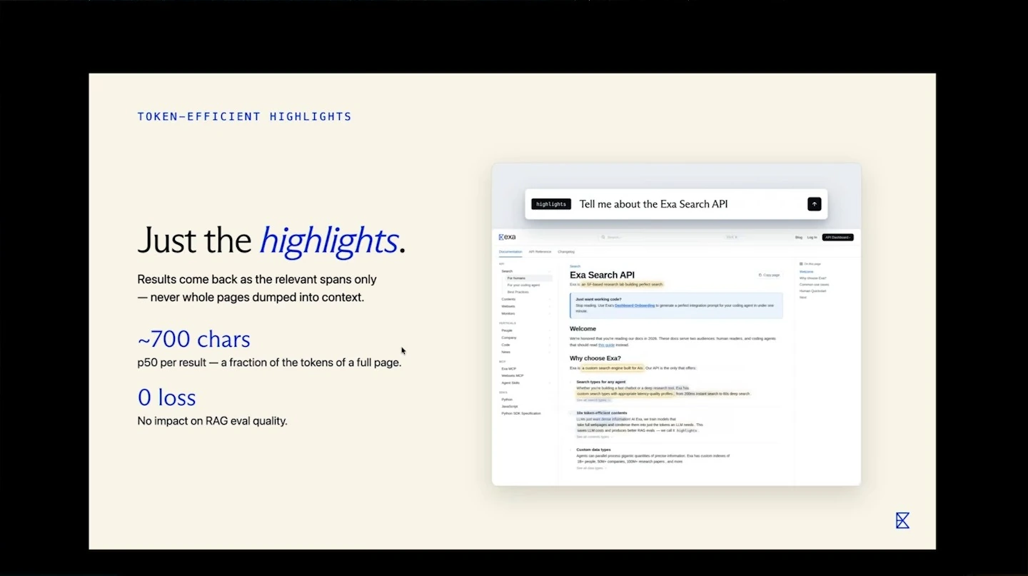 Slide describes returning relevant excerpts and claims a median of about 700 characters per result with no loss in RAG evaluation quality.