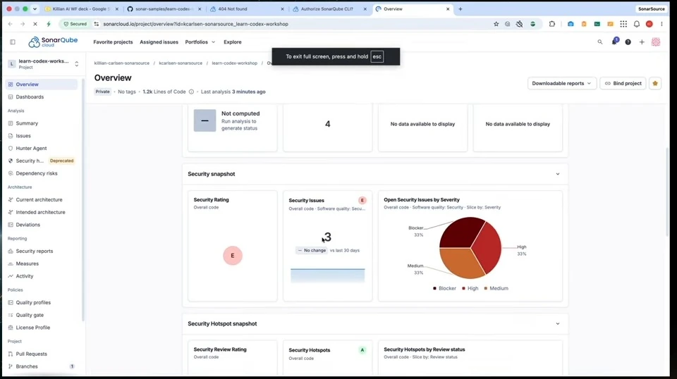 SonarQube dashboard shows an E security rating, three security issues, and their severity distribution.