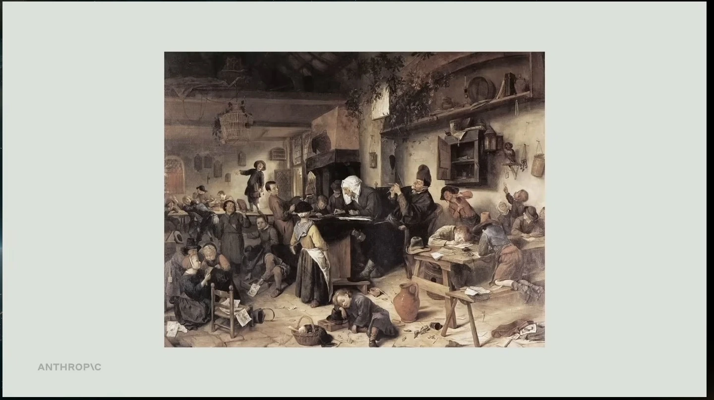 A historical painting of a crowded, chaotic classroom.