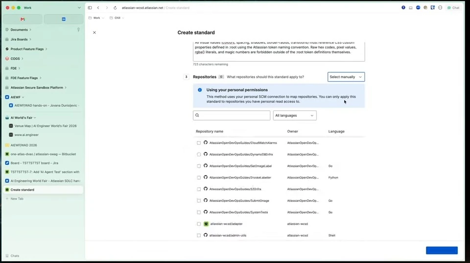 The standard creation form displays repository selection and a personal-permissions notice.