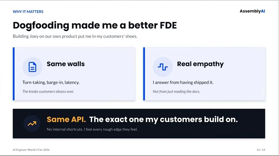 Slide explaining that building Joey exposed the speaker to customers’ challenges and improved empathy through use of the same API.