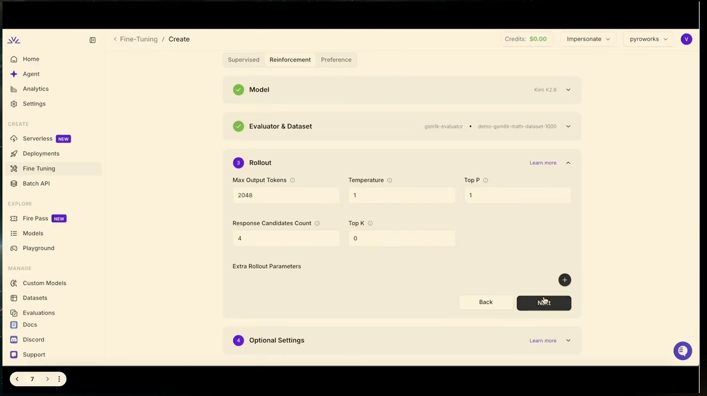 Rollout settings for output length, sampling, and response candidates.