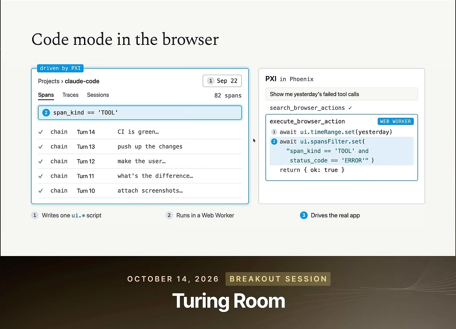The browser shows an updated date and a highlighted tool-kind filter. The script highlights setting the combined tool-and-error filter, while the list still shows 82 spans.