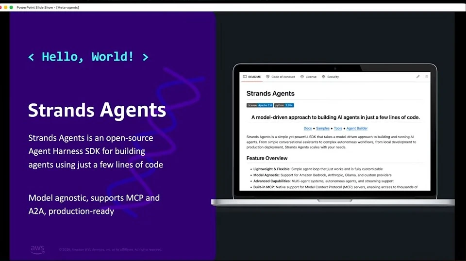 Slide introduces Strands Agents as an open-source agent SDK, alongside a laptop displaying its project page.
