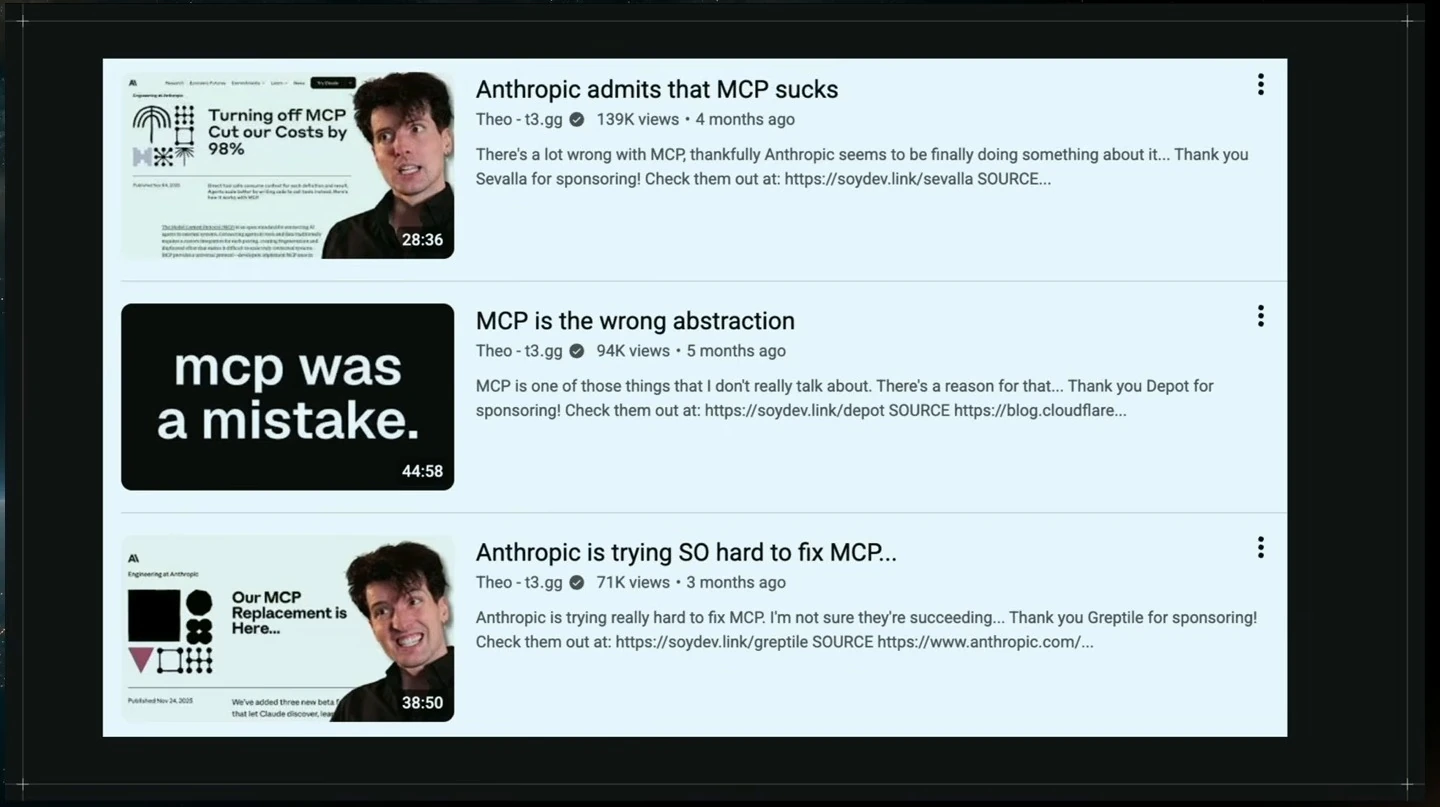 Three video listings present critical takes on MCP.