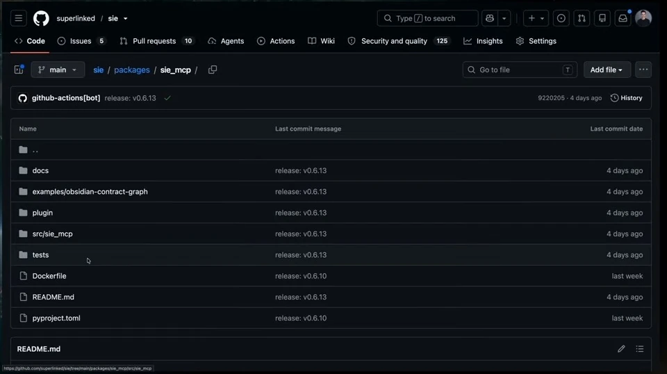 GitHub directory listing for the SIE MCP package, including documentation, examples, source, and tests.