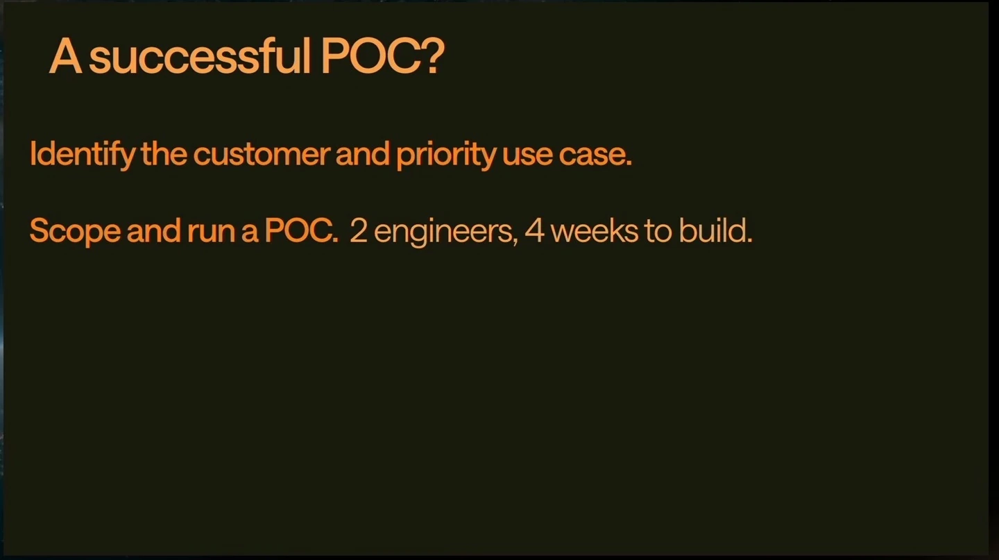 Identify a customer and priority use case, then scope and build a POC with two engineers over four weeks.