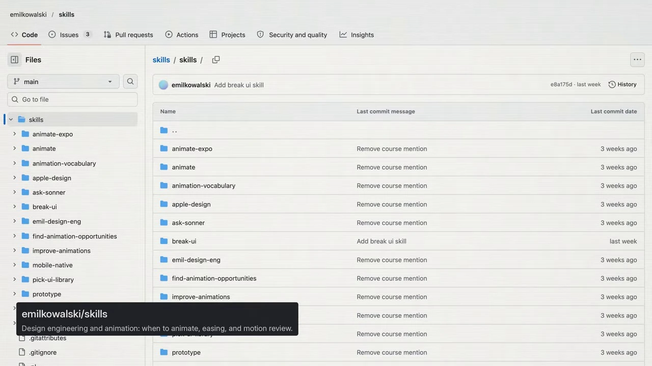 GitHub directory listing animation, design, and prototyping skills.