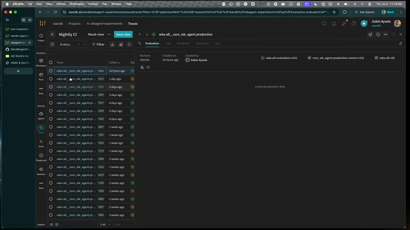 A list of evaluation traces beside a panel loading evaluation data.