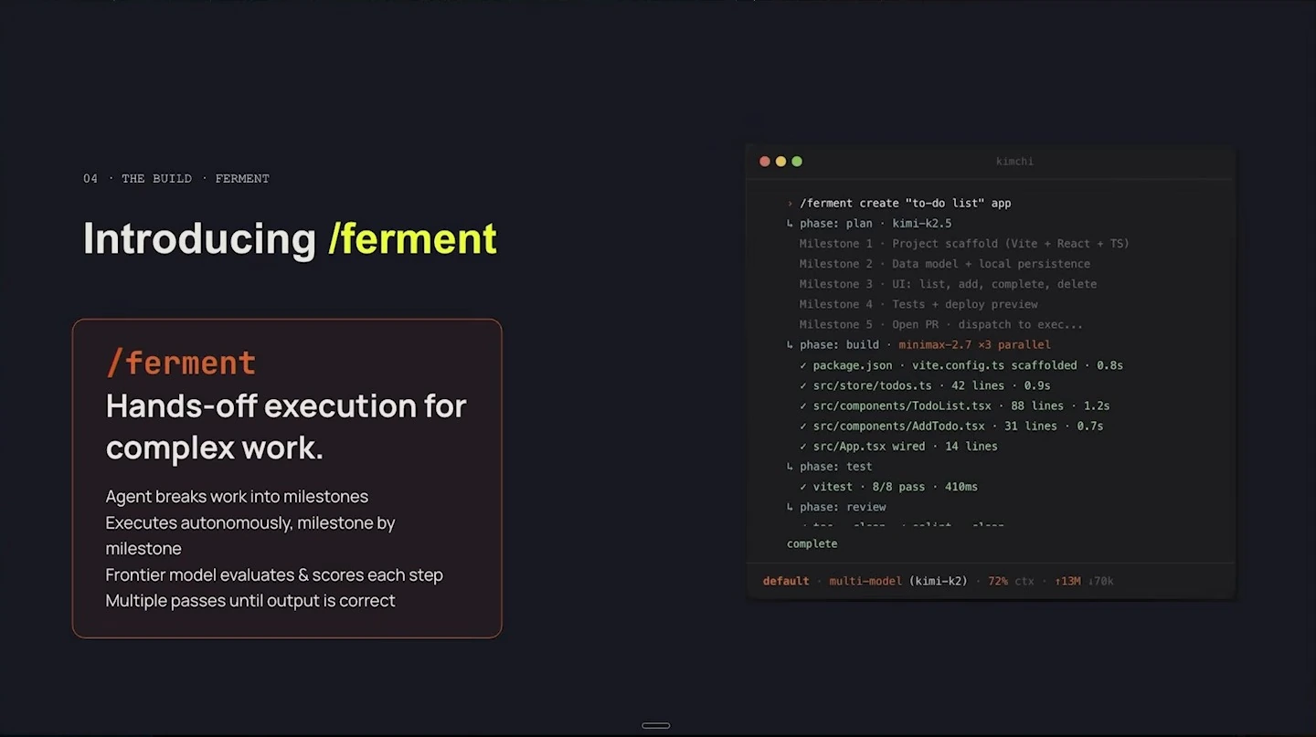 Slide describes autonomous, milestone-based execution and evaluation, alongside a terminal example.