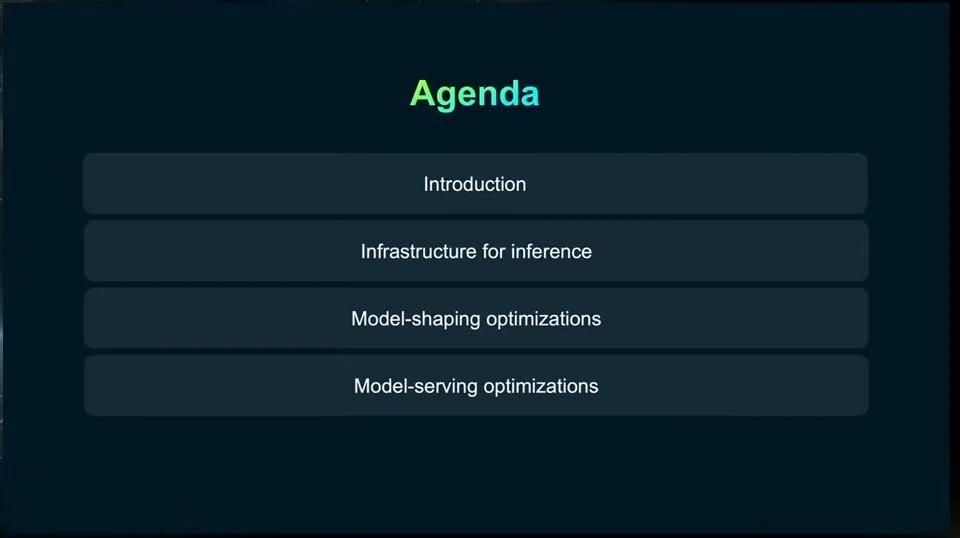 Agenda covering introduction, inference infrastructure, model shaping and model serving.
