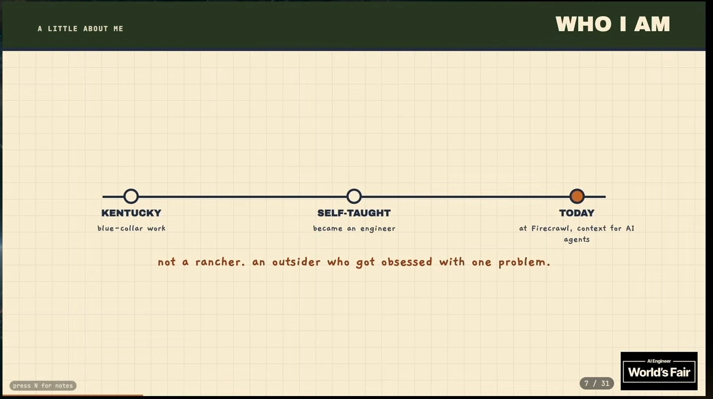A timeline from blue-collar work in Kentucky to self-taught engineering and work at Firecrawl.