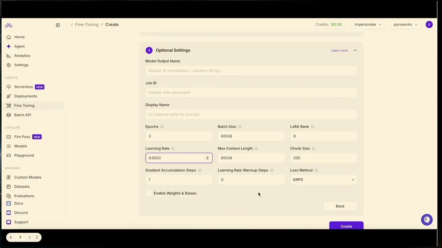Optional training settings including epochs, learning rate, context length, and loss method.