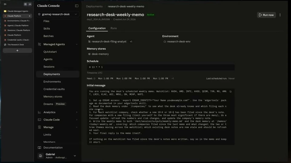 The deployment configuration shows its agent, environment, memory store, schedule, and initial message.