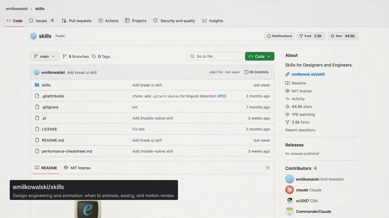 GitHub overview of the emilkowalski skills repository with a caption about design engineering and animation.