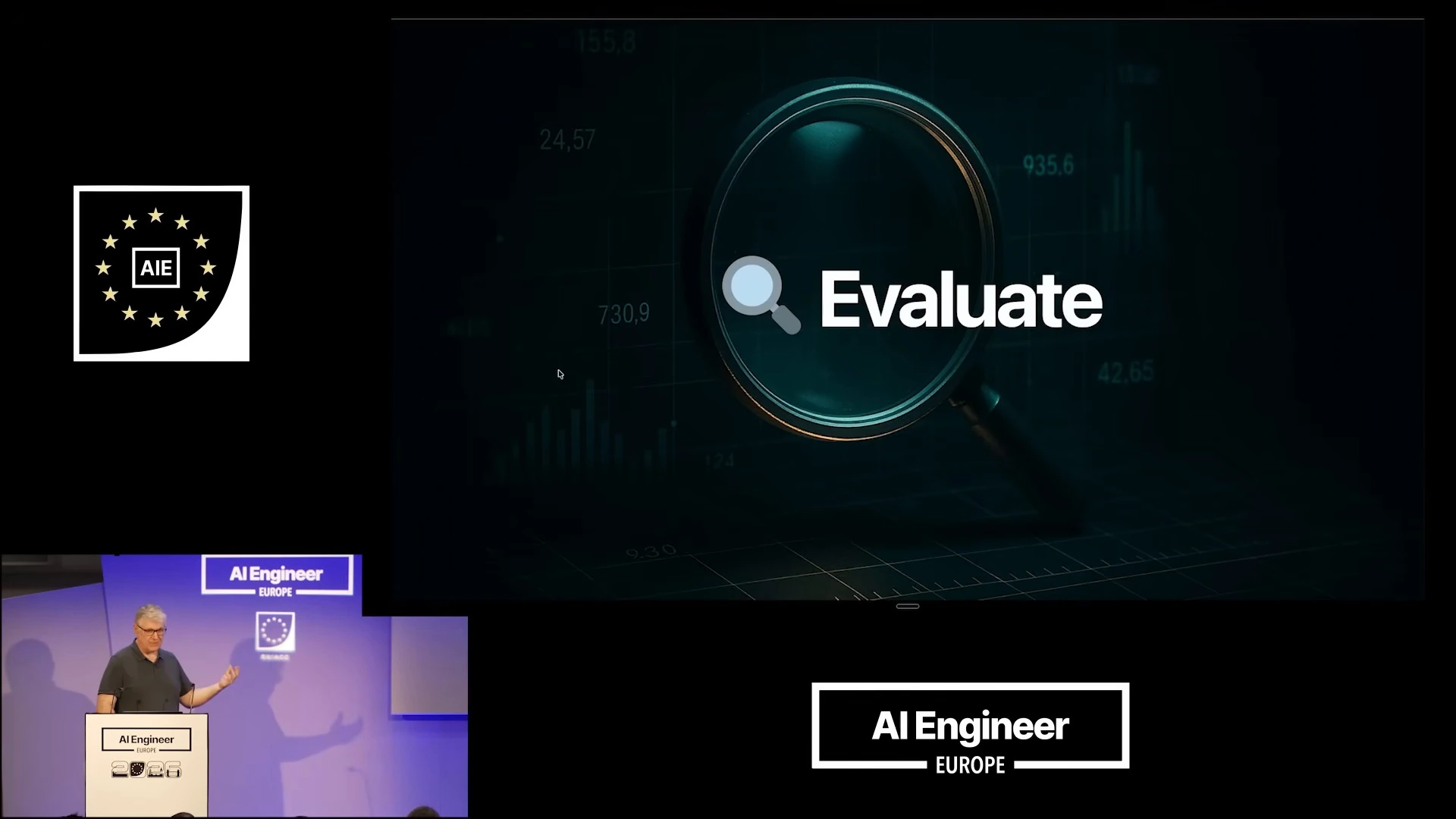 Evaluate section title over a magnifying glass and dark chart background.