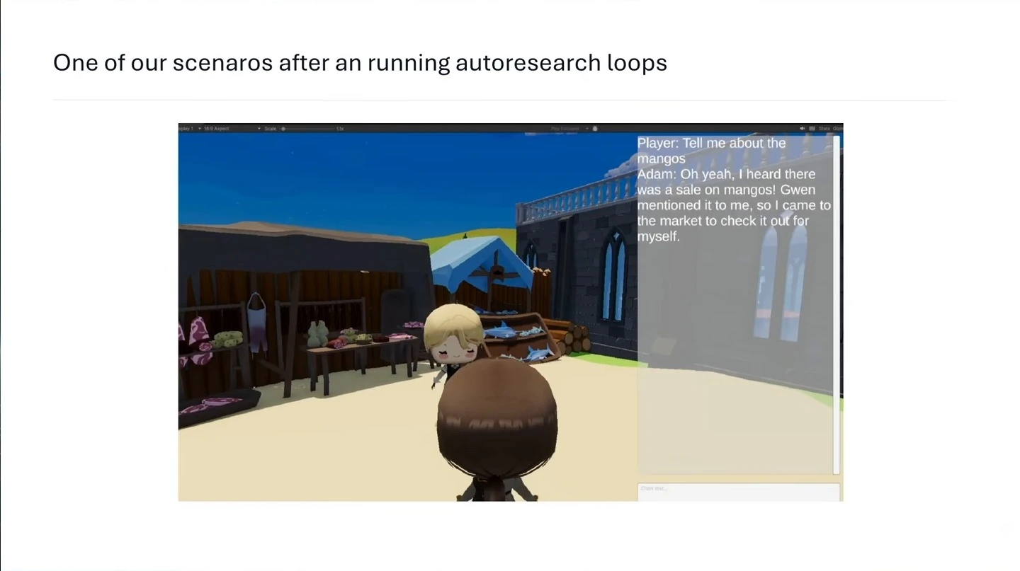 A village game screenshot shows an agent saying Gwen mentioned a mango sale and that he came to the market to check it out.