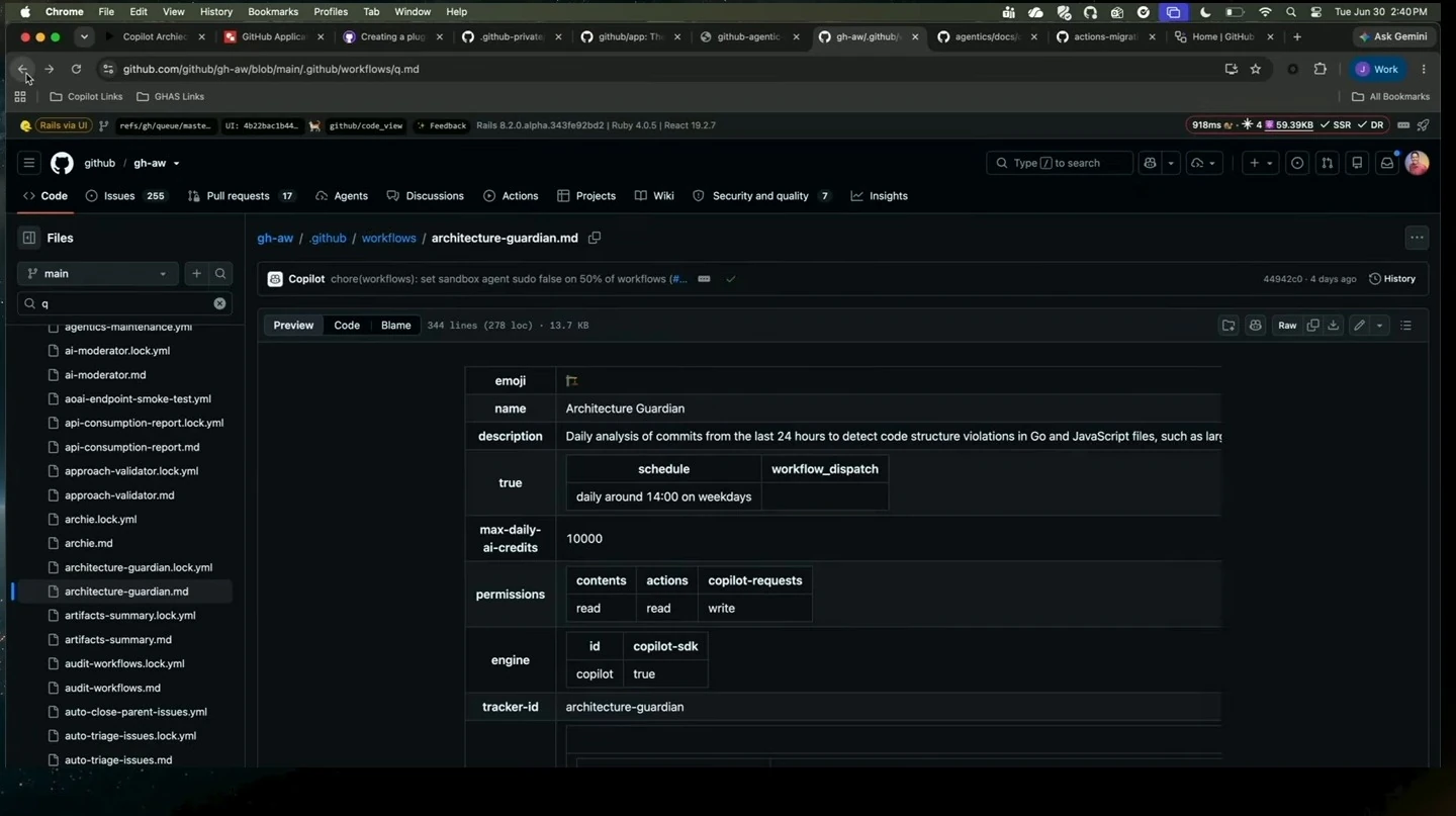 GitHub displays the Architecture Guardian workflow configuration, including its schedule, permissions, and engine.
