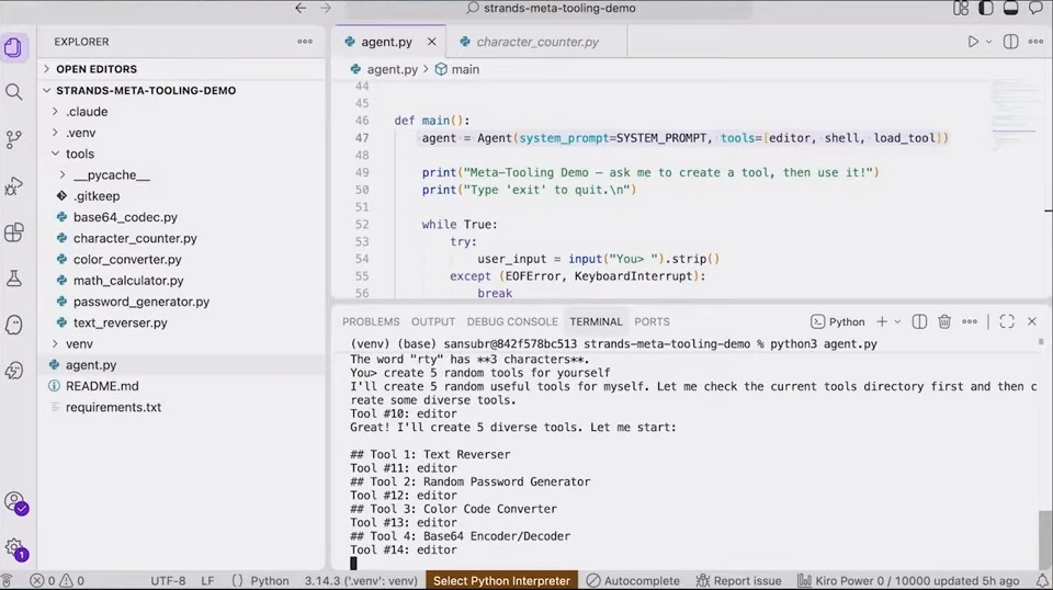 The terminal lists four tools in an ongoing creation sequence, while the editor displays the agent code and tool files.