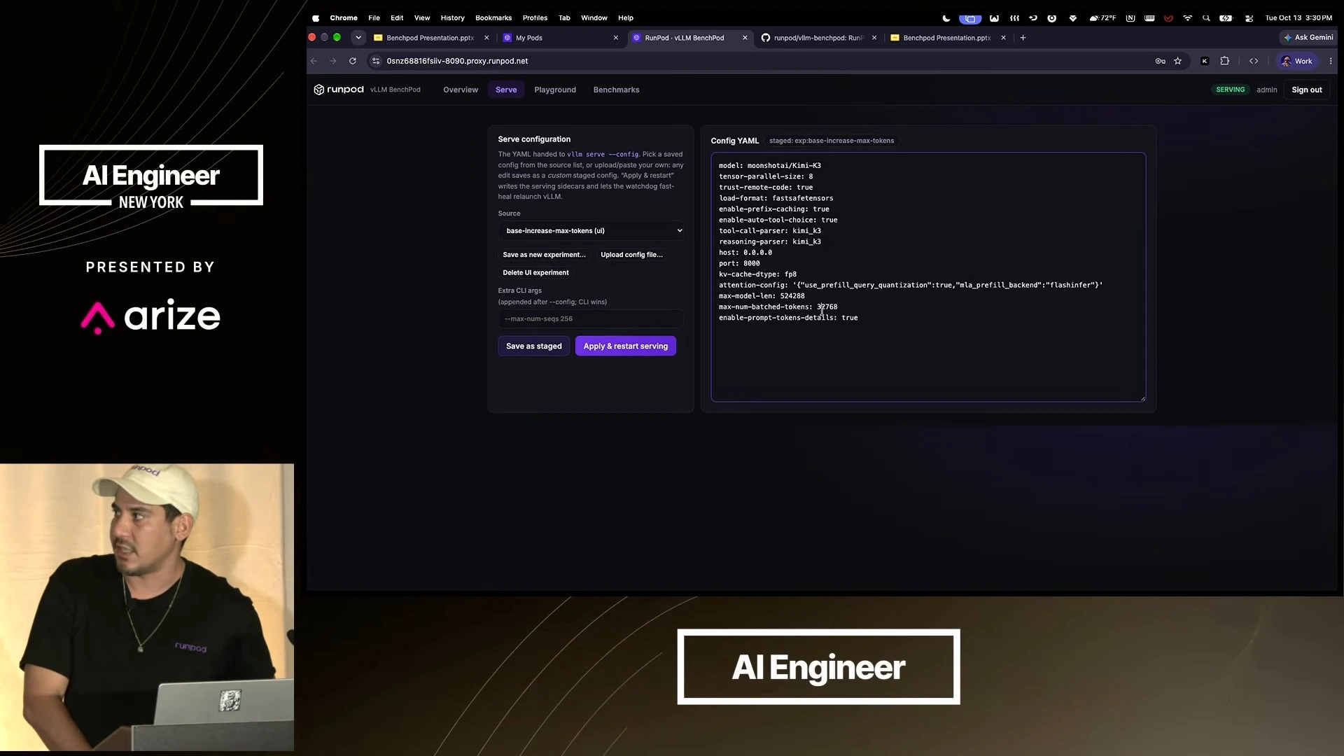 BenchPod Serve tab with a staged YAML configuration, a maximum batched-token setting, and controls to save or apply and restart serving.