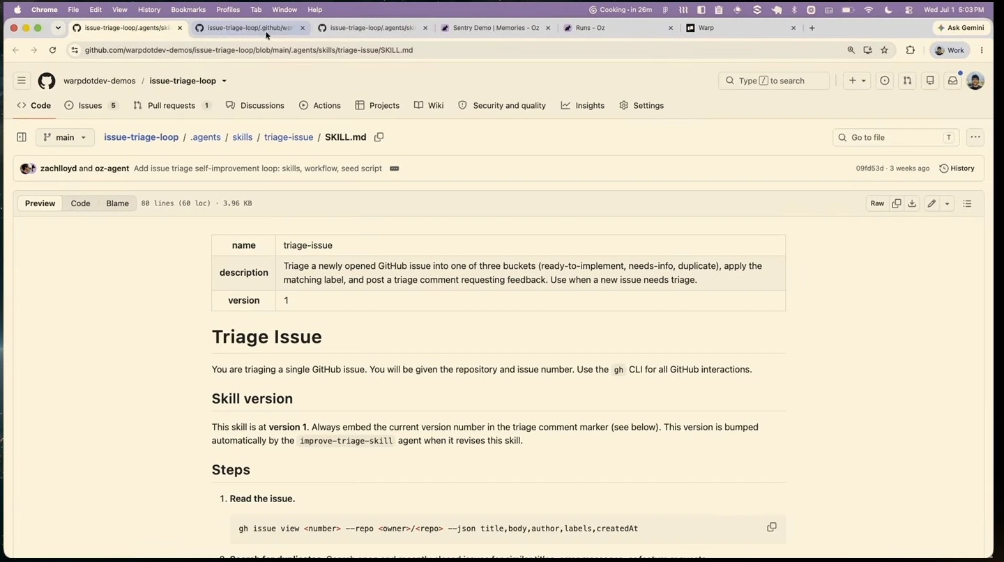 A GitHub page shows the issue-triage skill’s description, version, and initial instructions.