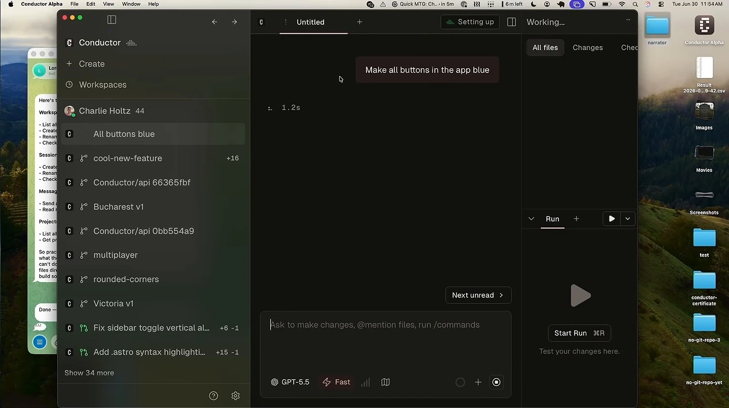 Conductor shows the new workspace with the task to make all app buttons blue and a setup-in-progress status.