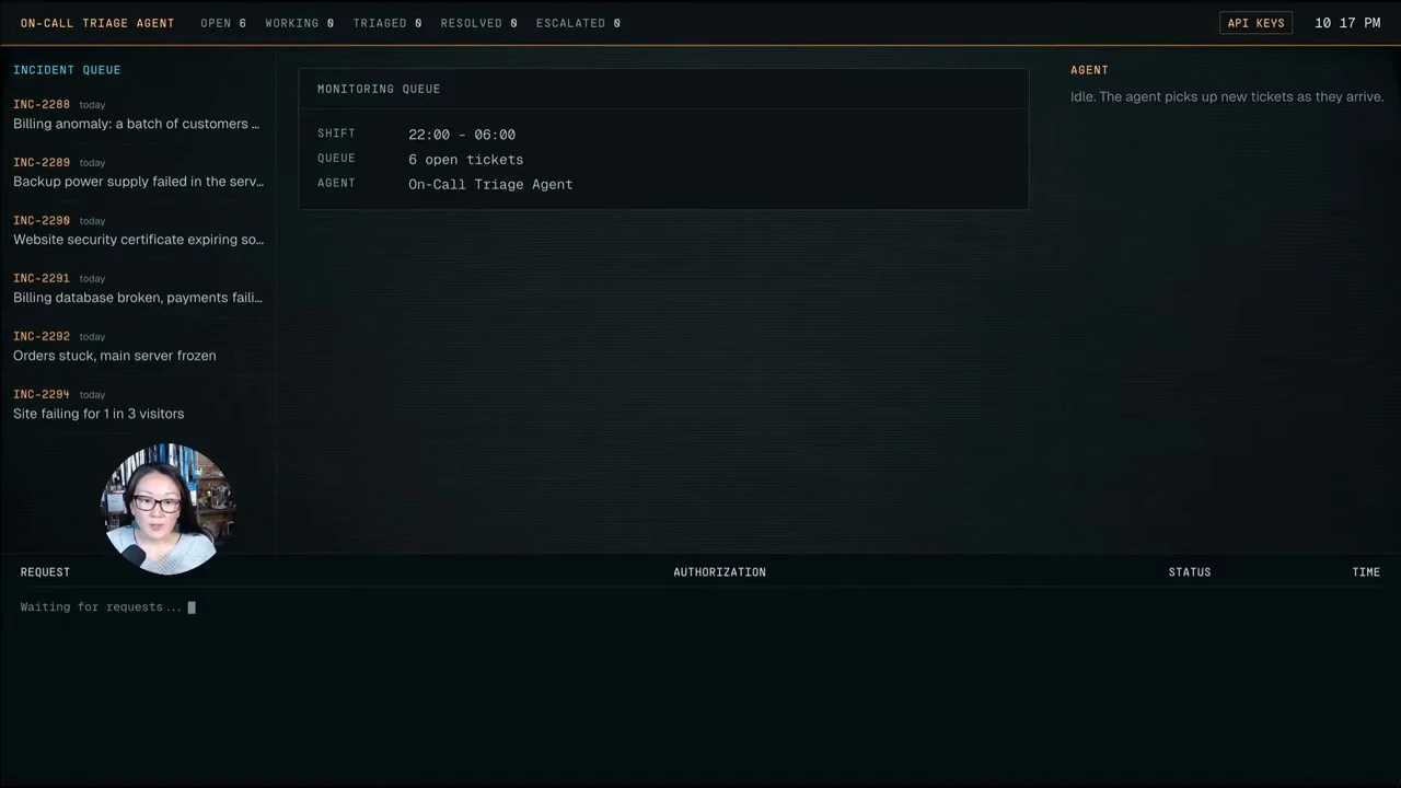 An idle on-call triage agent monitors a queue of six open incidents.