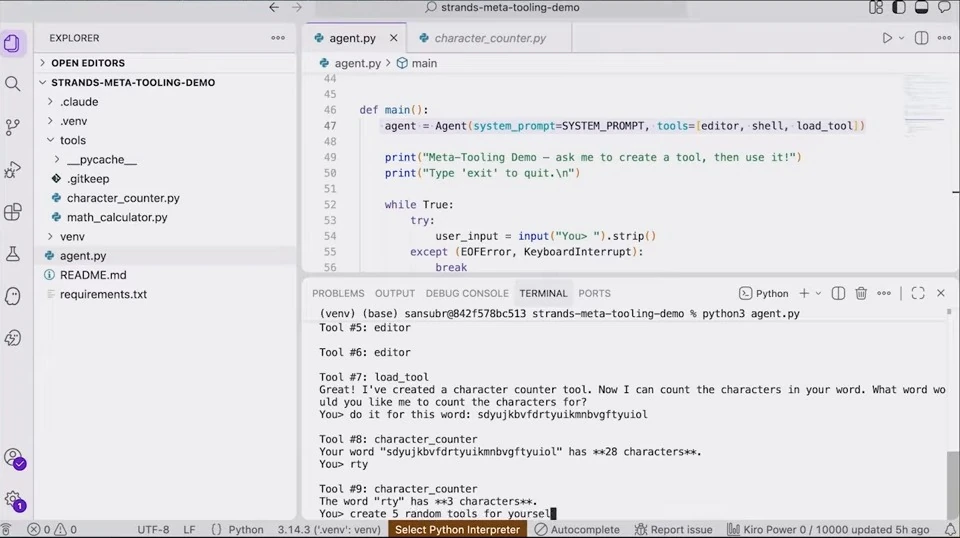 An editor and terminal show character counter results and a request for the agent to create five tools.