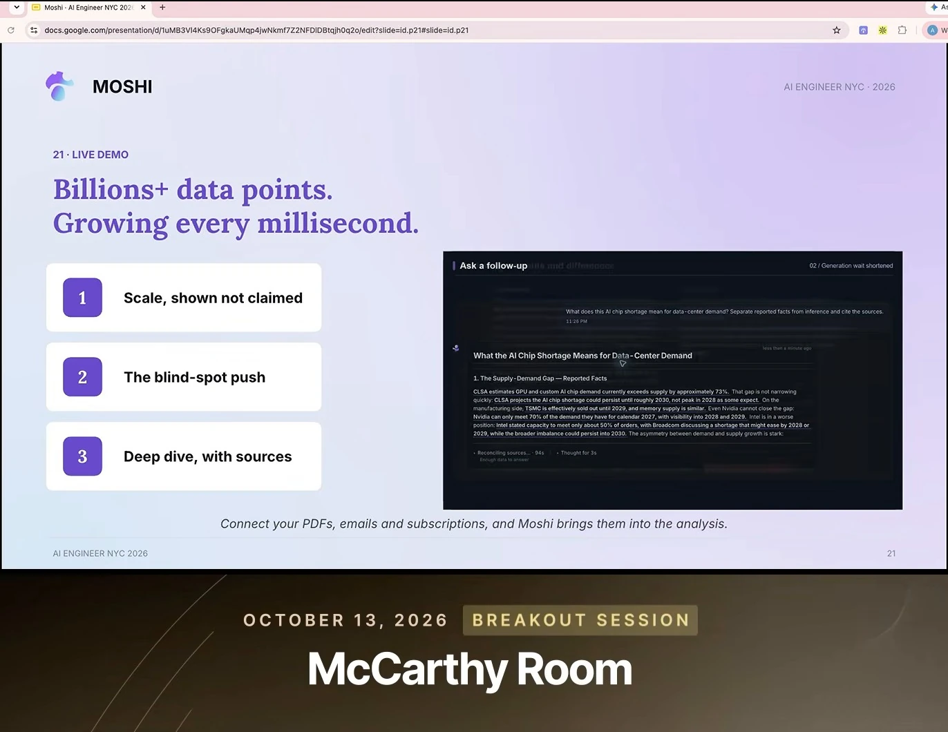 Live demo slide showing a follow-up answer about AI chip shortages.