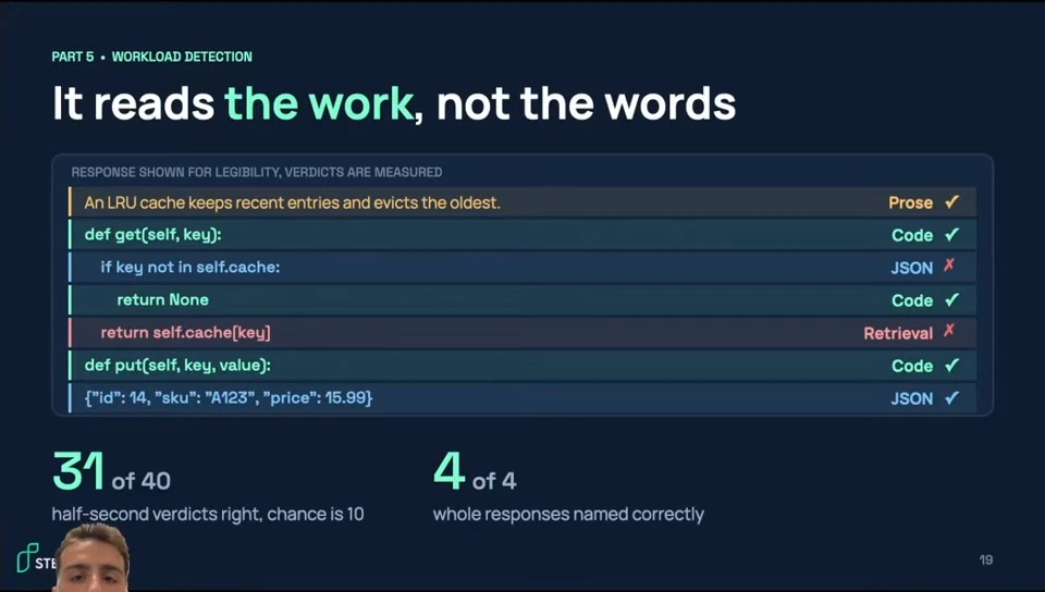 Example workload verdicts include correct and incorrect classifications; 31 of 40 half-second verdicts and all four whole responses were correct.