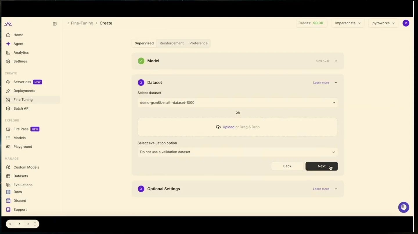 Fine-tuning form showing a selected dataset and validation option.