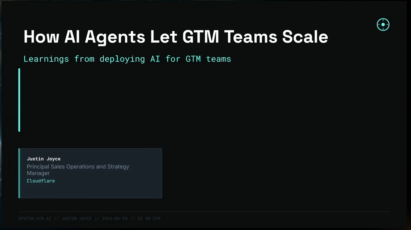 Title slide introducing Justin Joyce and learnings from deploying AI for go-to-market teams.