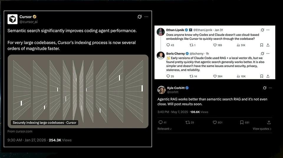 Social media posts discussing semantic search and agentic search for coding agents.
