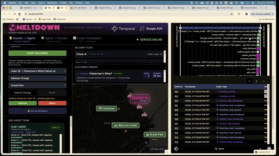 Delivery dashboard showing approve and reject controls for a pending address change.