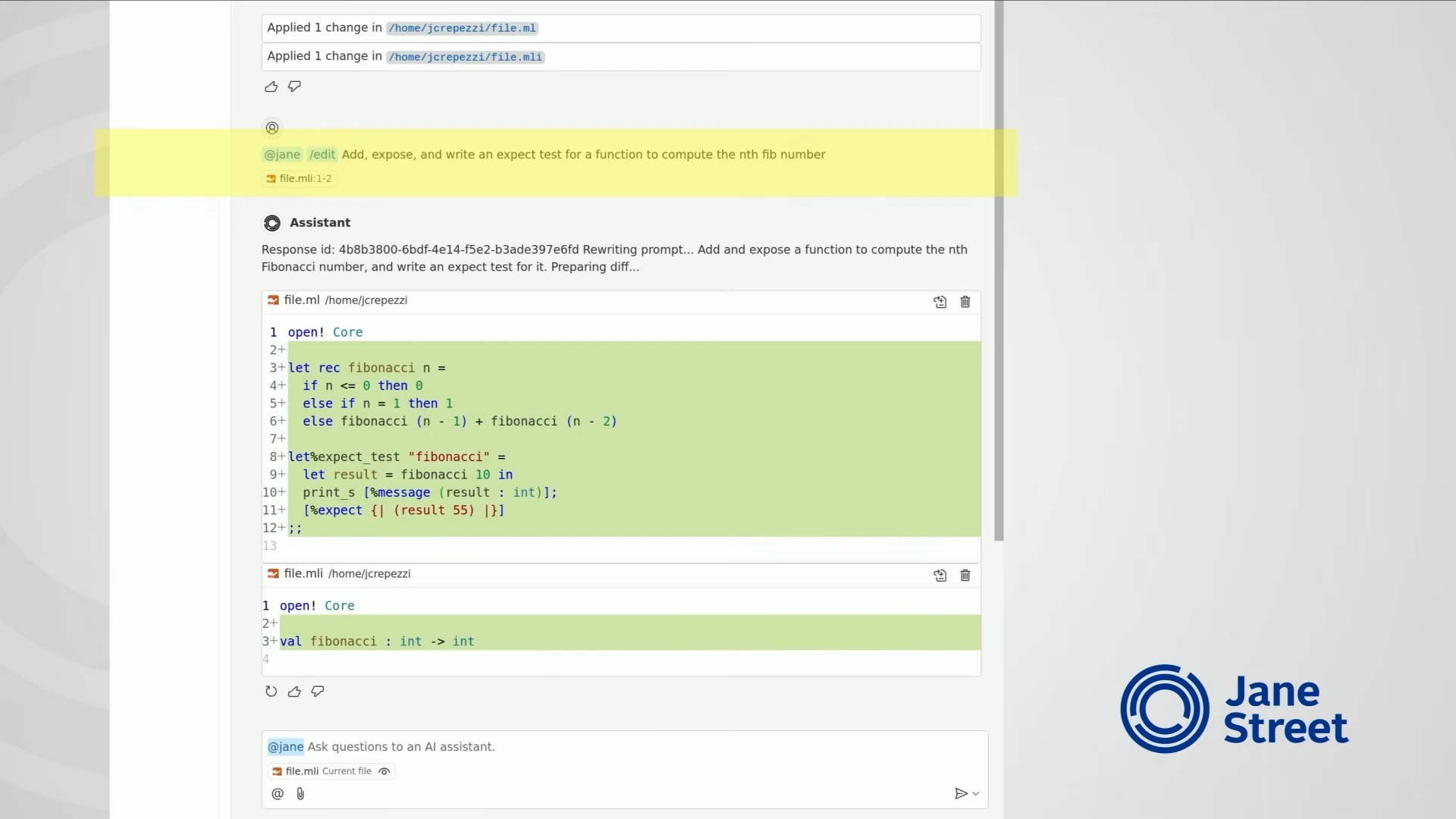 AIDE generates a Fibonacci function, an expect test, and an interface declaration in VS Code.