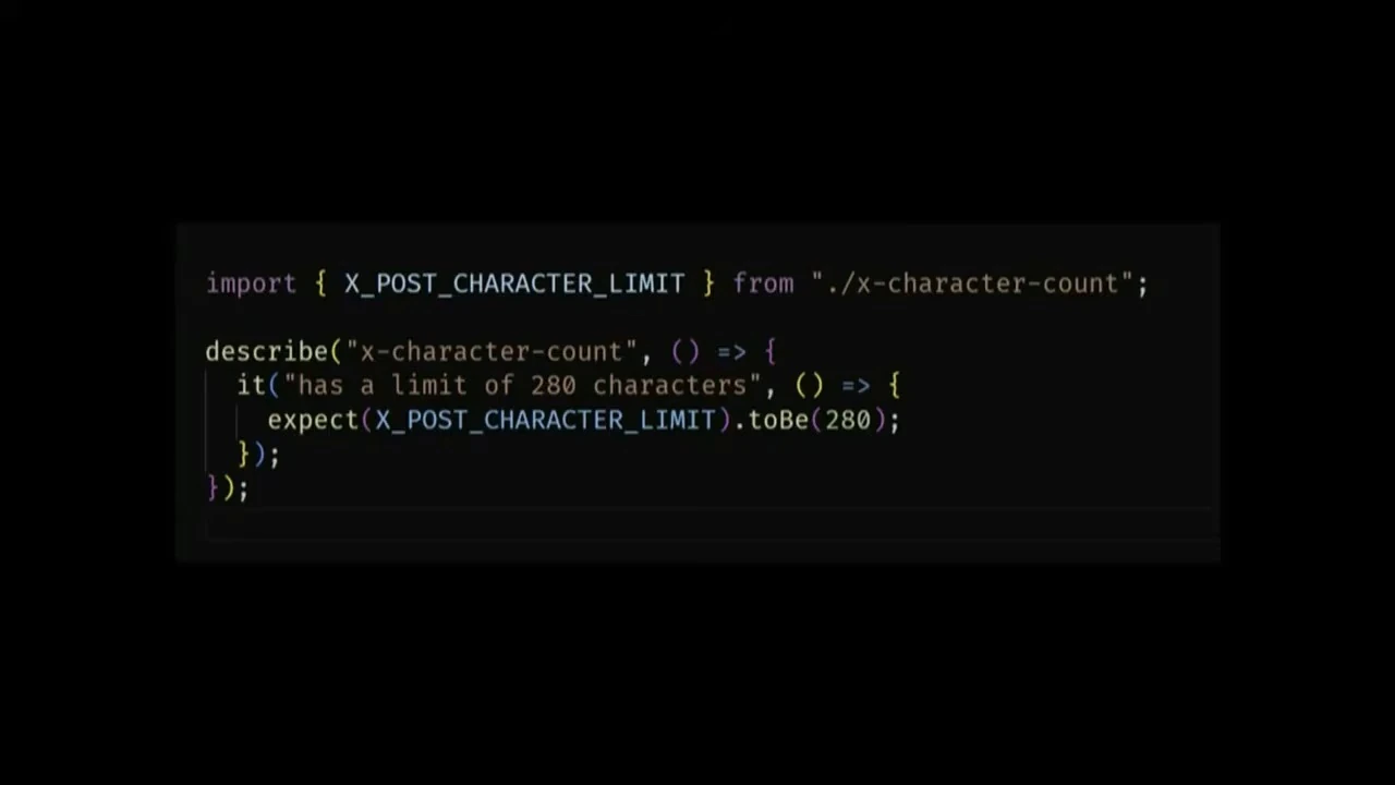 A test asserts that the exported post character limit equals 280.