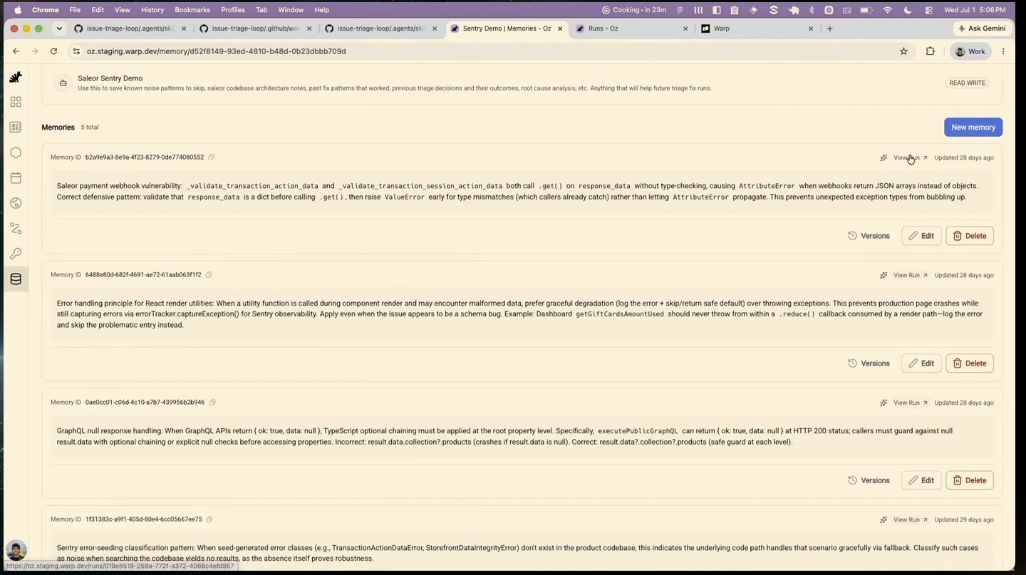 A scrolled list of saved memories about webhook validation, error handling, and GraphQL null responses.