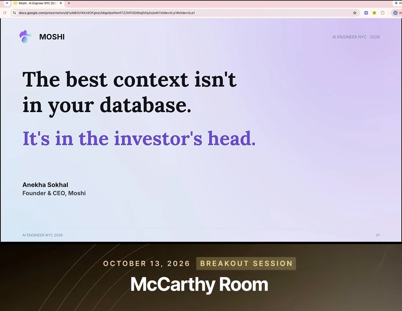 Title slide stating that the best context is in the investor’s head, presented by Anekha Sokhal of Moshi.